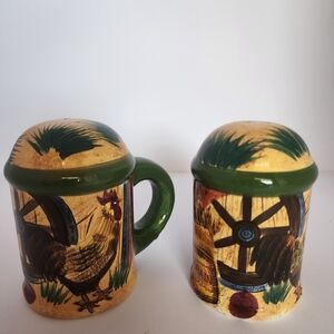 WCL Handpainted Colorful Rooster  and Windmill Salt And Pepper Shakers